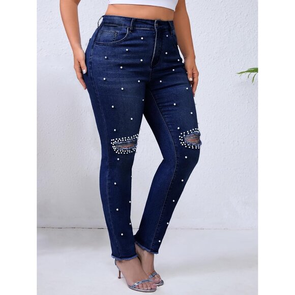 Women Skinny Stretch Denim Jeans Mid Rise Pearl Embellished Frayed Ripped - Picture 3 of 6